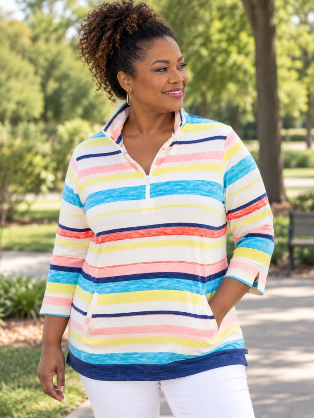 T by Talbots 2X Colorful Striped 3/4 Sleeve Quarter Zip Pullover